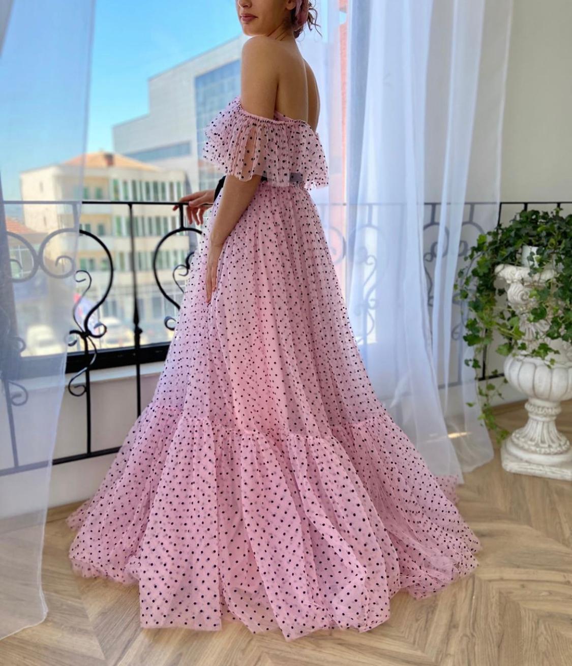 Pink A-Line dotted dress with spaghetti straps and off the shoulder sleeves