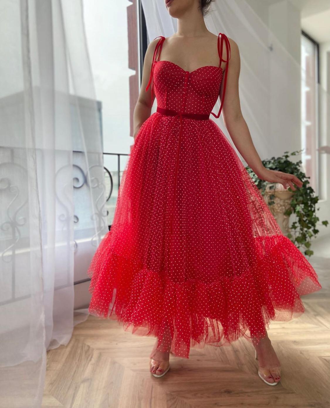 Red midi dotted dress and spaghetti straps