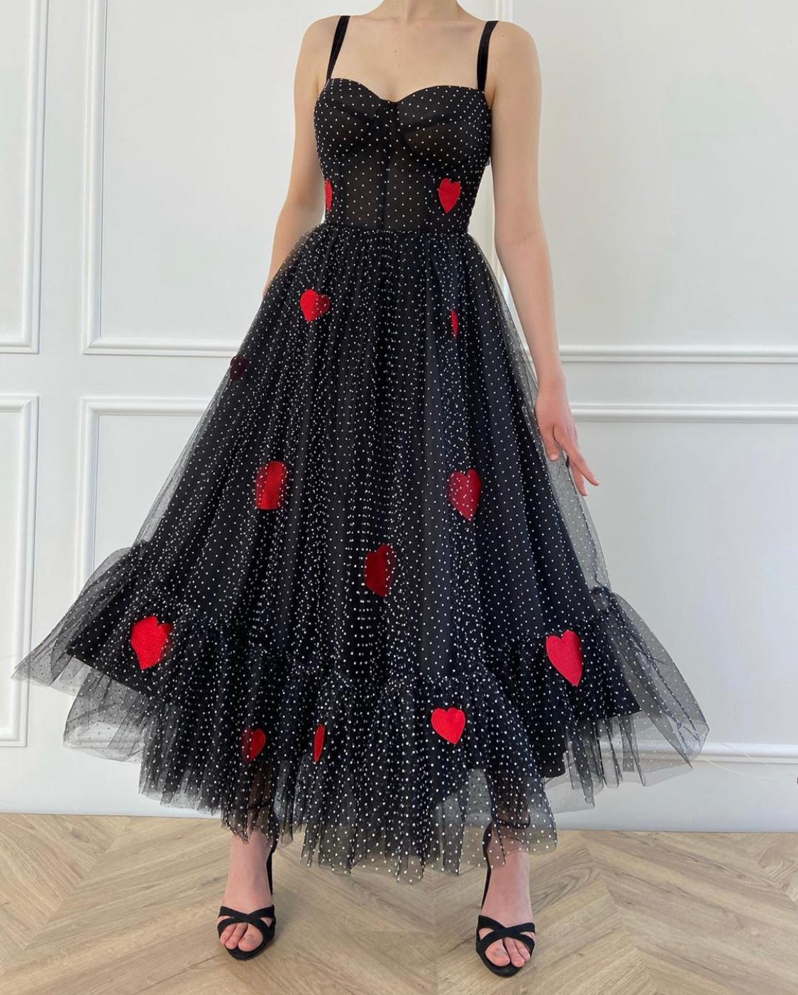 Black midi dotted dress with spaghetti straps and embroidered hearts