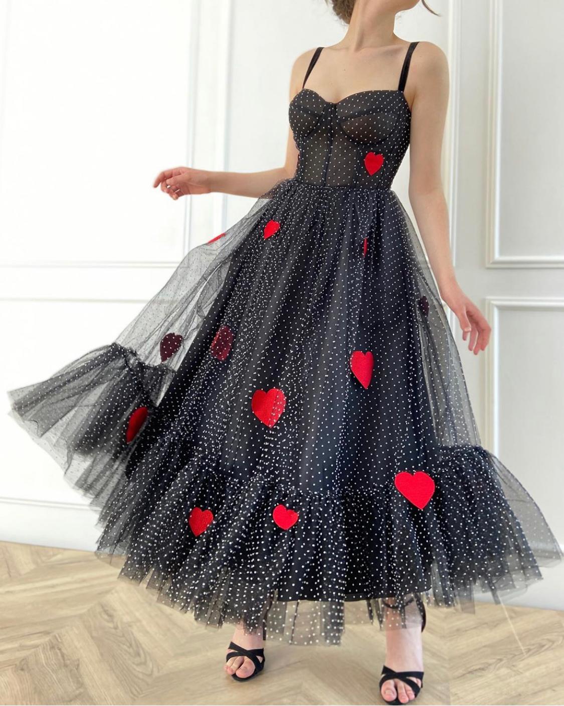 Black midi dotted dress with spaghetti straps and embroidered hearts