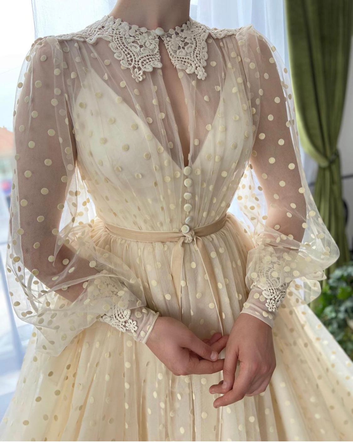 Beige A-Line dotted dress with embroidery and long sleeves