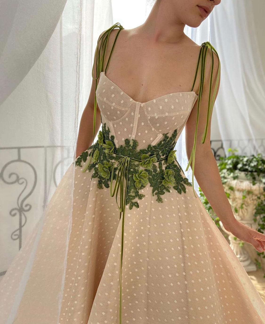 Beige A-Line dotted dress with embroidery and straps