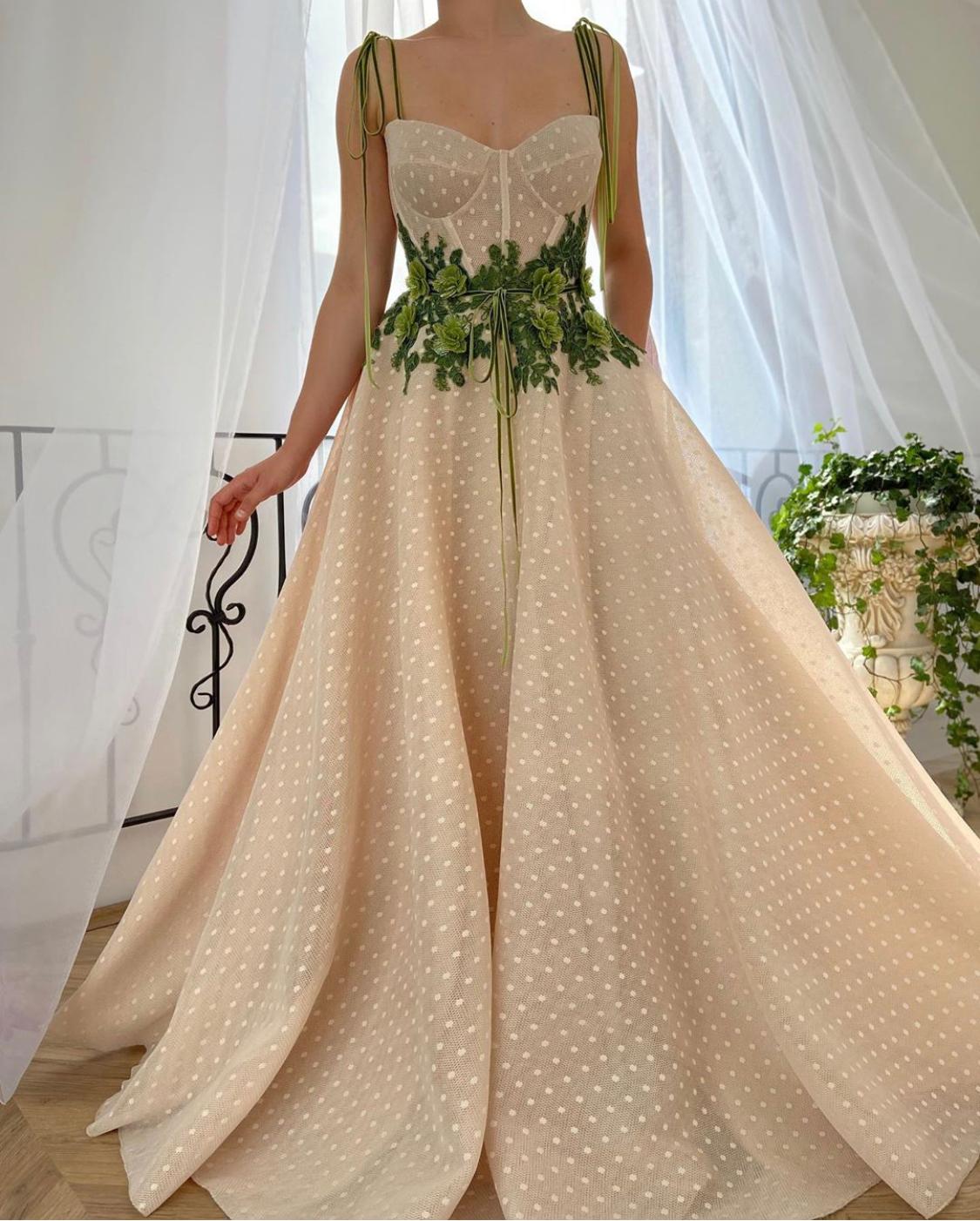 Beige A-Line dotted dress with embroidery and straps