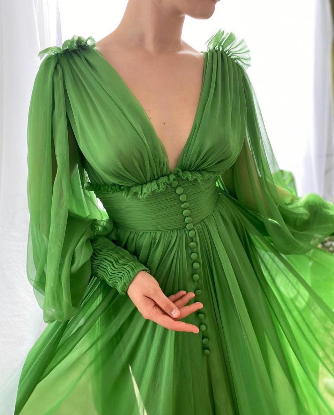 Green A-Line dress with v-neck and long sleeves