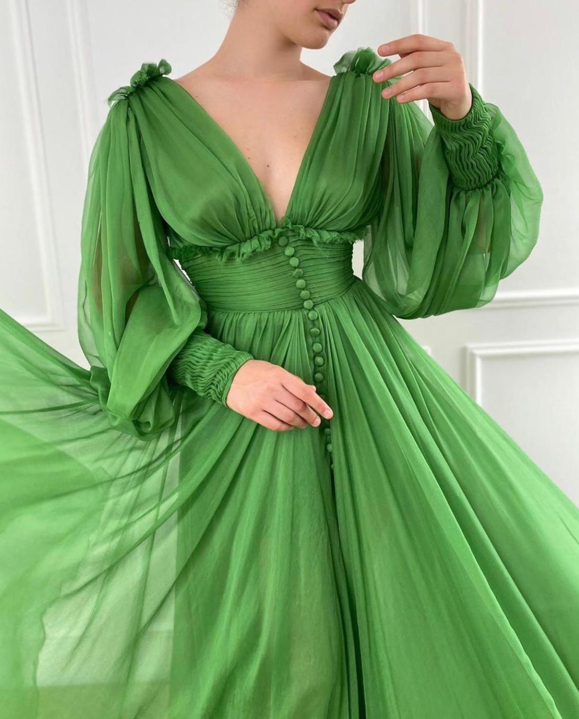 Green A-Line dress with v-neck and long sleeves