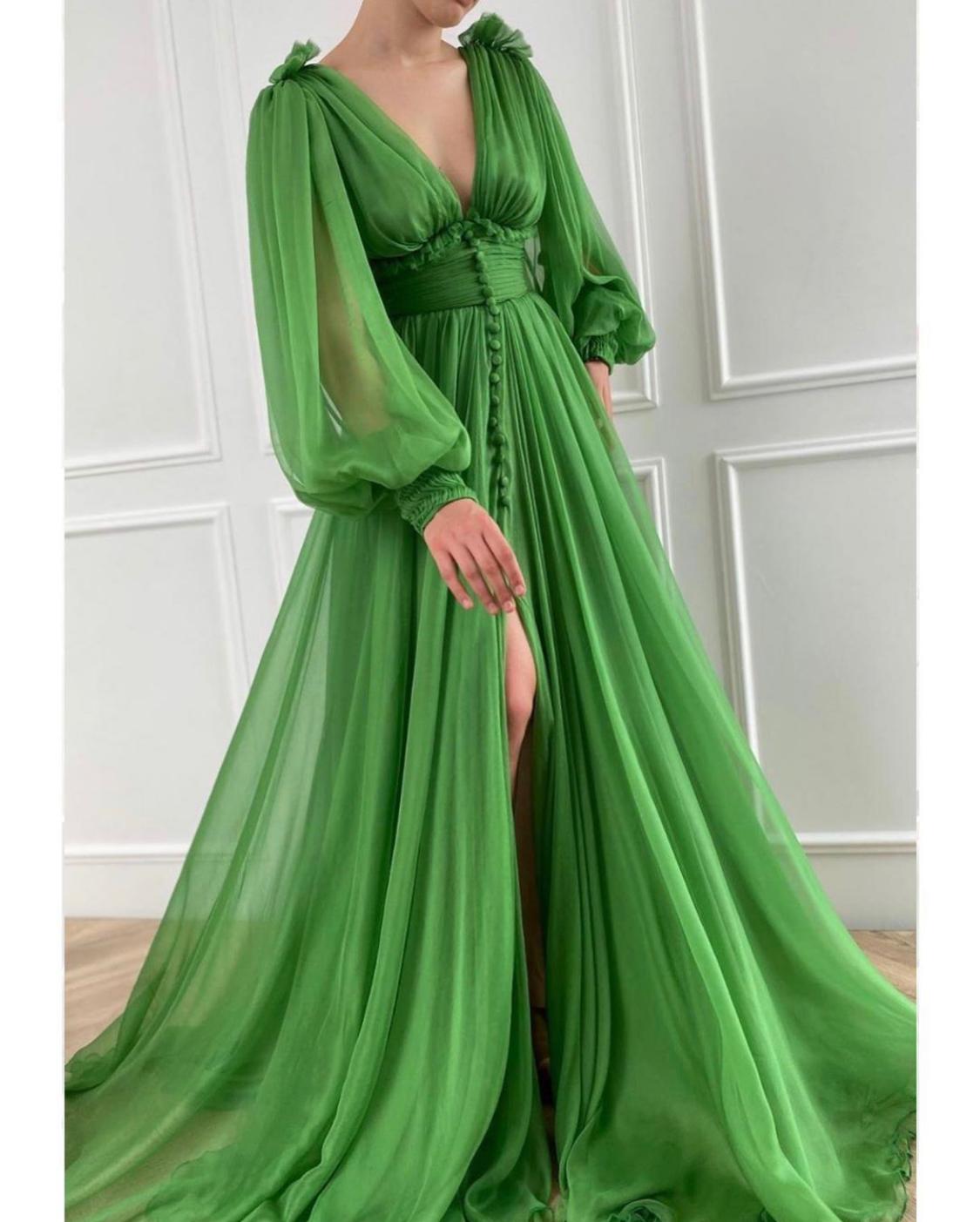 Green A-Line dress with v-neck and long sleeves
