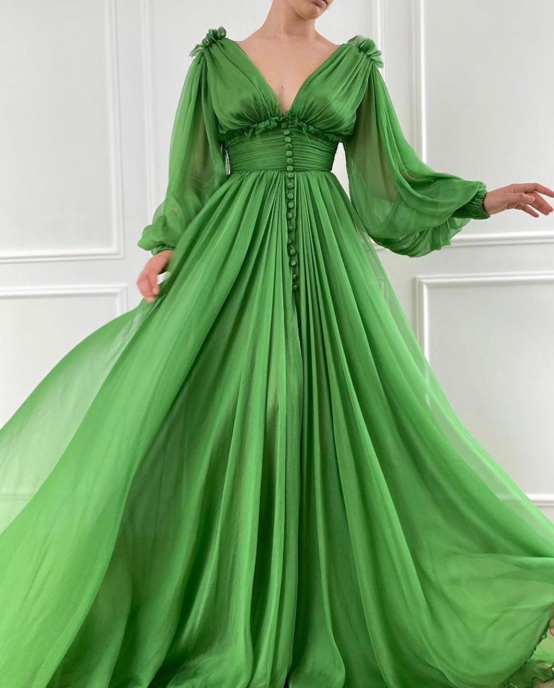 Green A-Line dress with v-neck and long sleeves