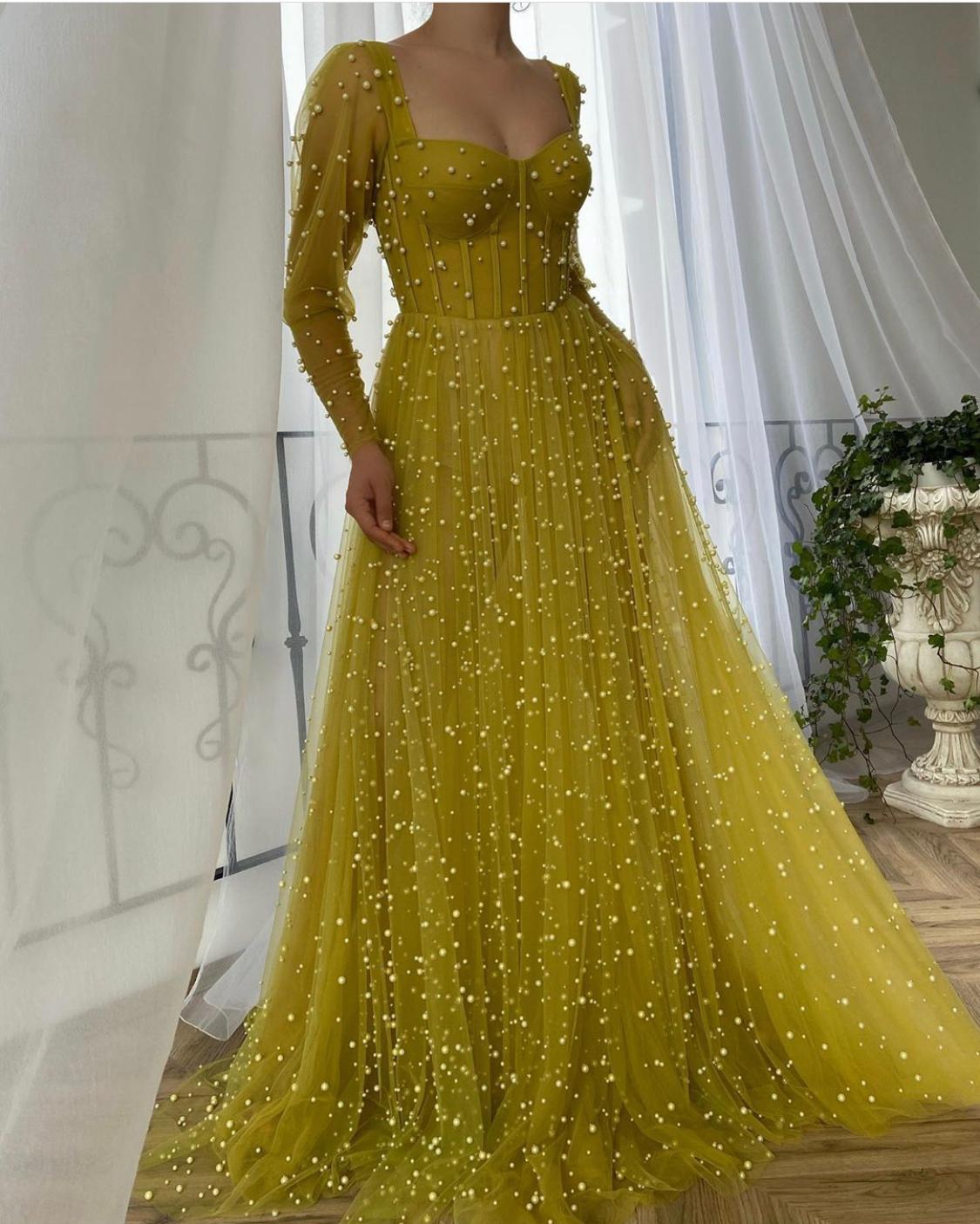 Yellow A-Line dress with long sleeves and beading