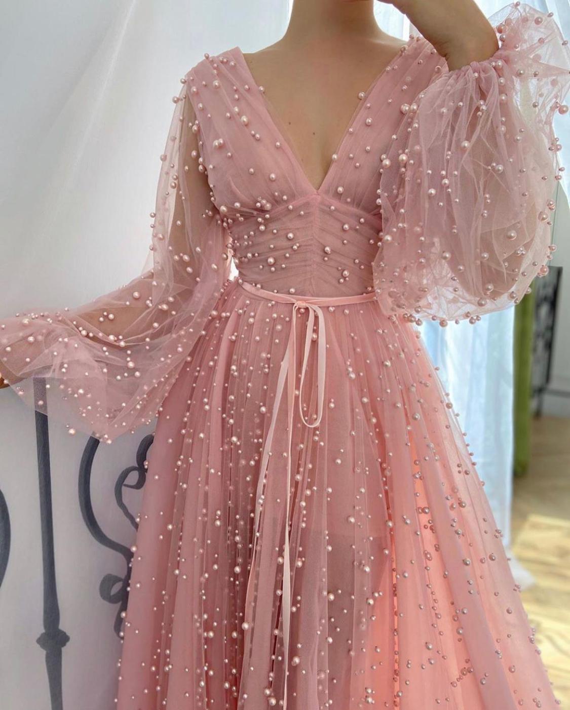 Pink A-Line dress with long sleeves, v-neck and beading