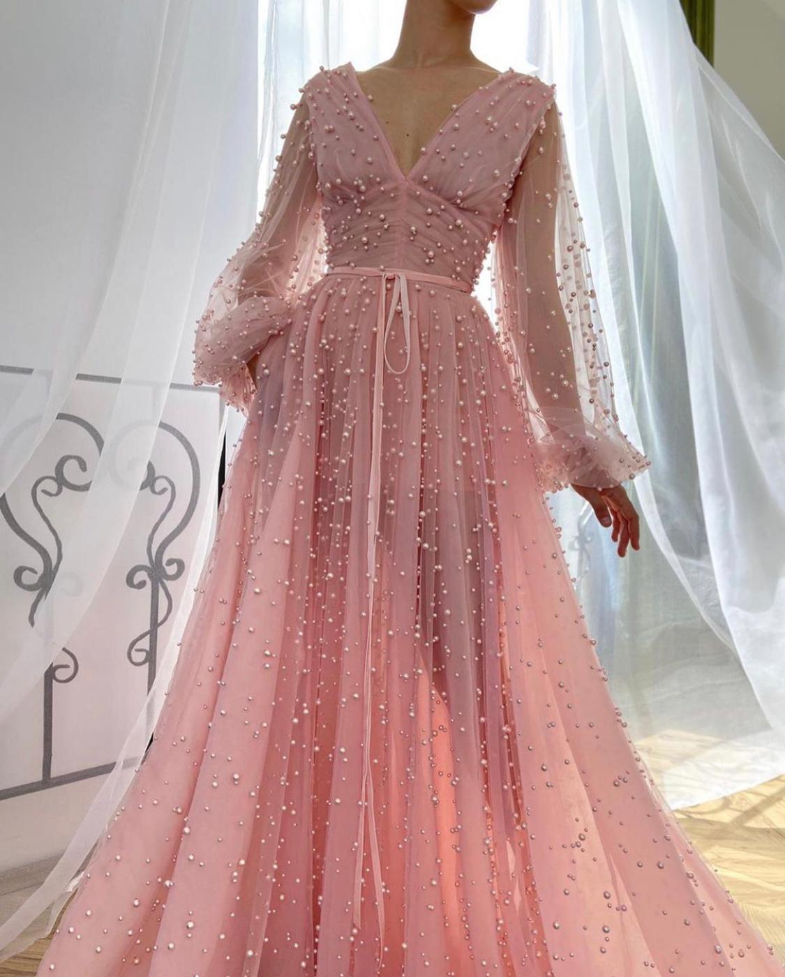 Pink A-Line dress with long sleeves, v-neck and beading