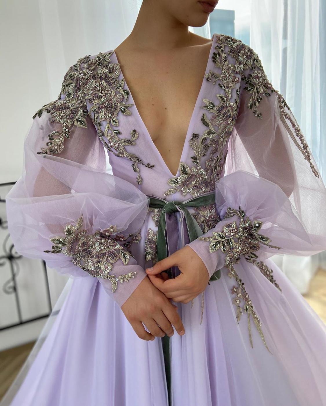 Purple A-Line dress with embroidery, v-neck and long sleeves