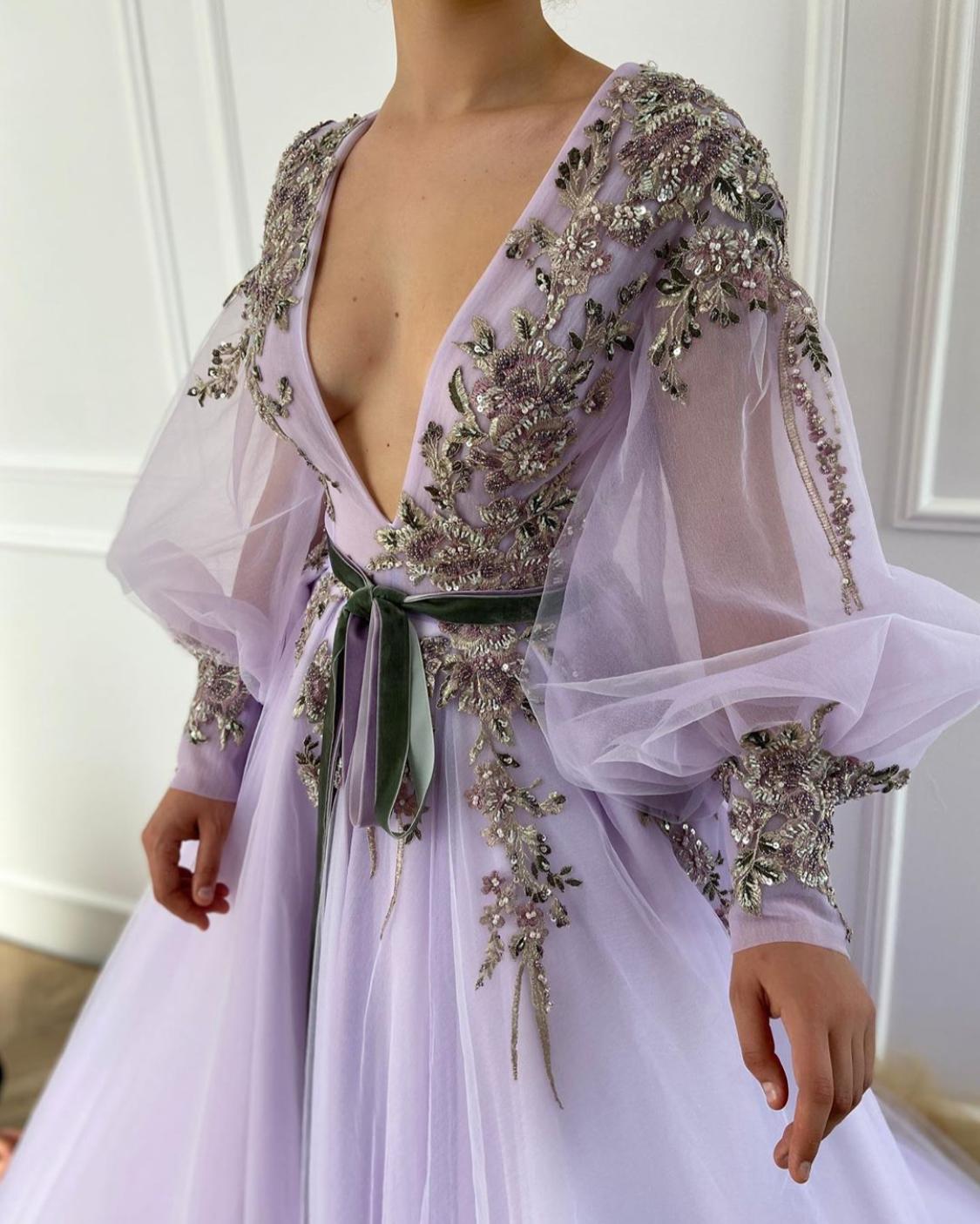 Purple A-Line dress with embroidery, v-neck and long sleeves
