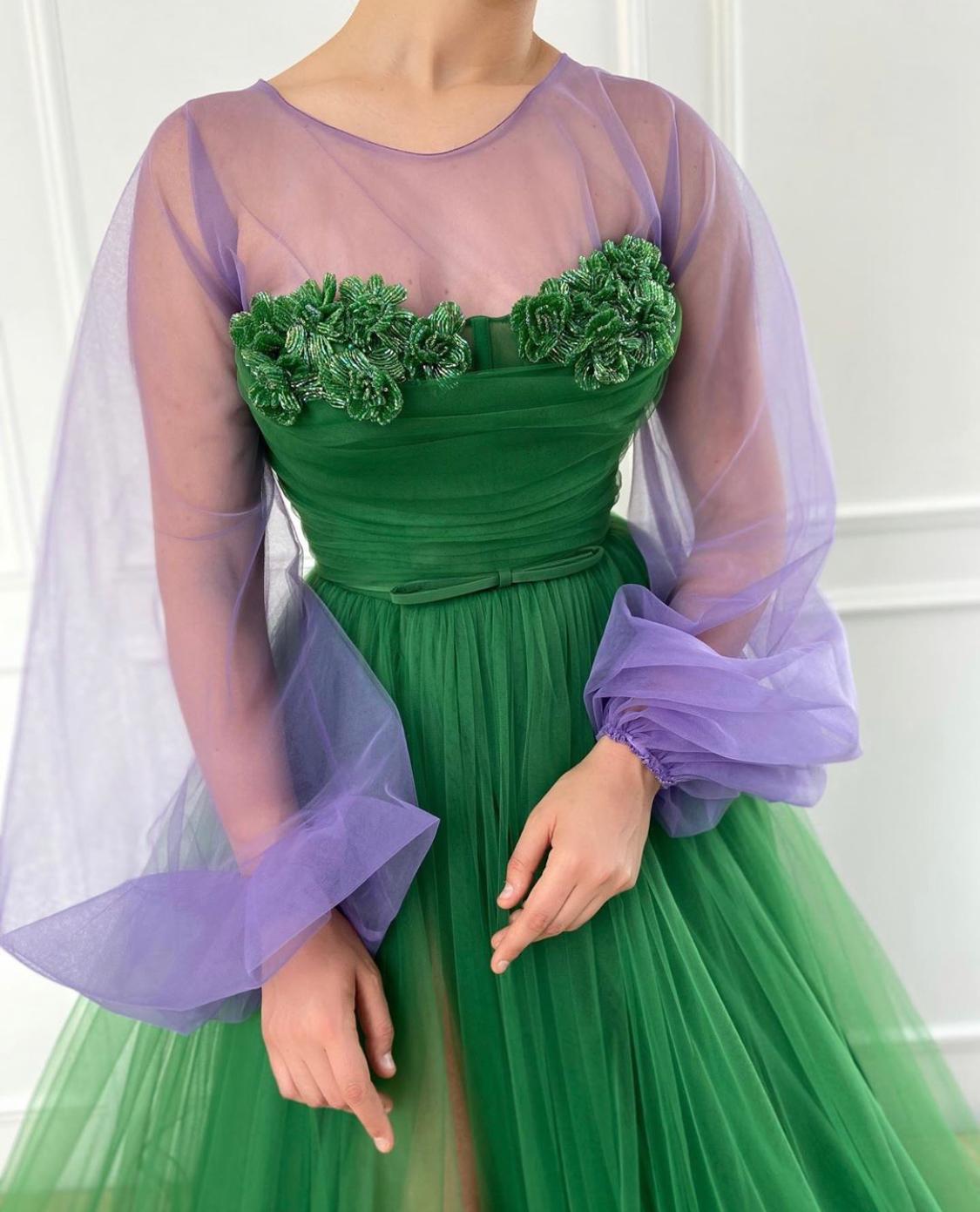 Green A-Line dress with long sleeves and embroidery