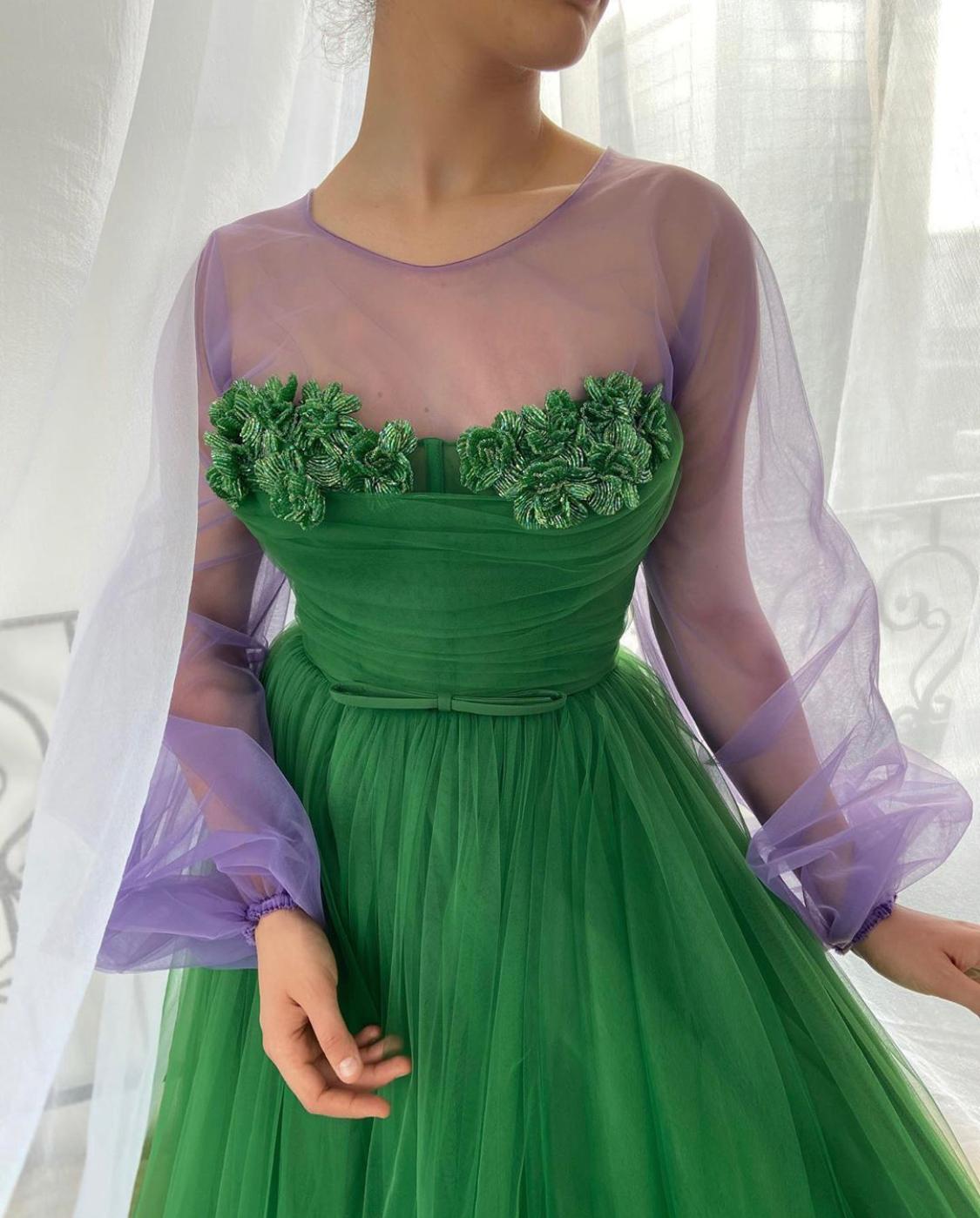 Green A-Line dress with long sleeves and embroidery