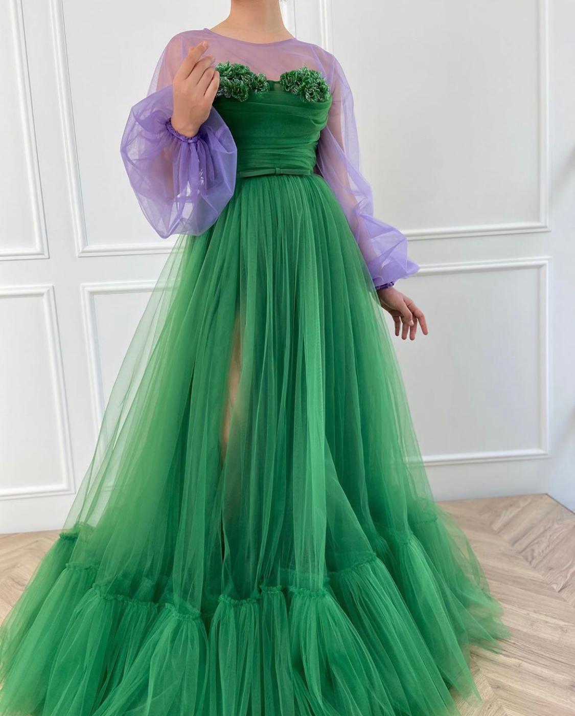 Green A-Line dress with long sleeves and embroidery