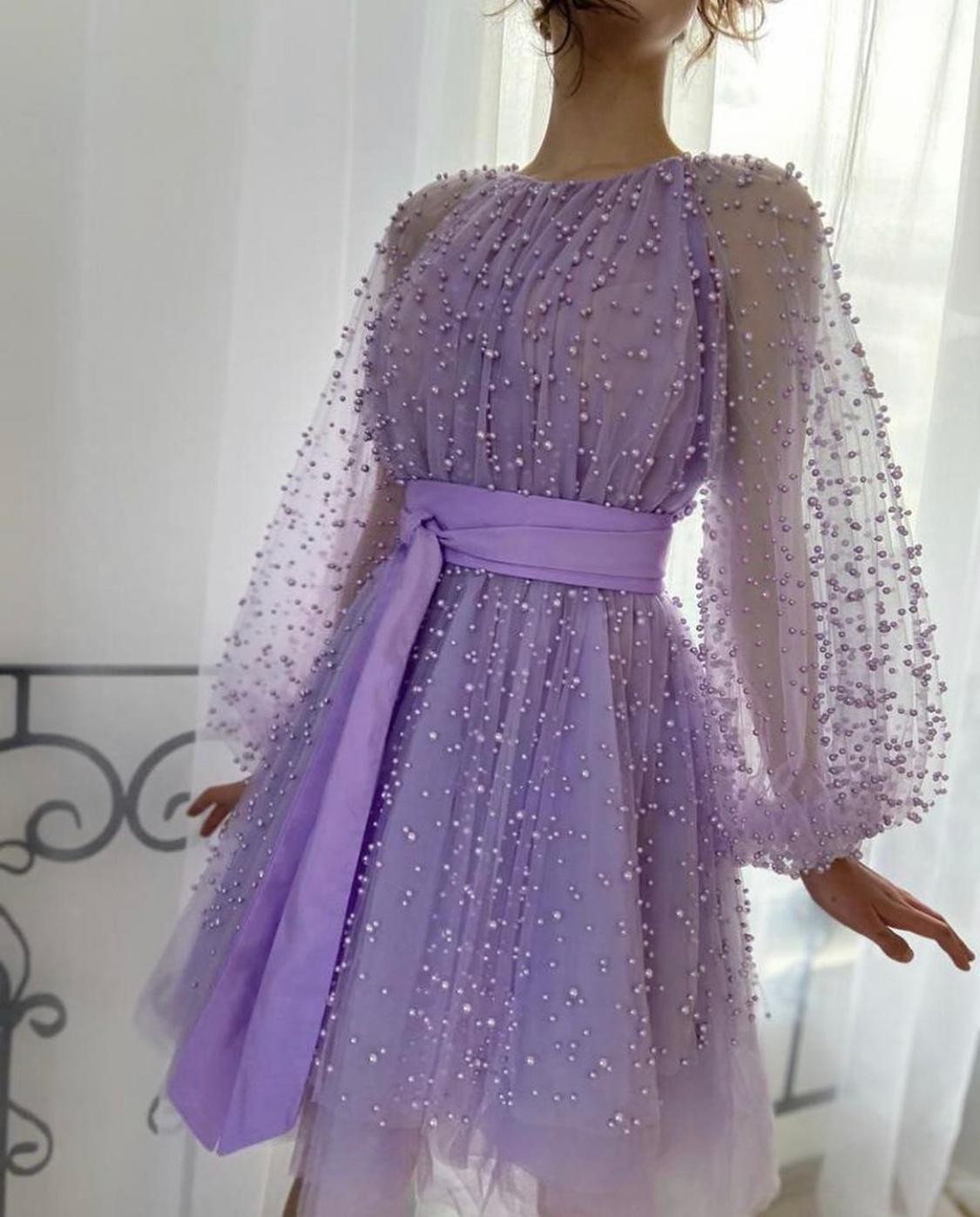 Purple A-Line dress with long sleeves and beading