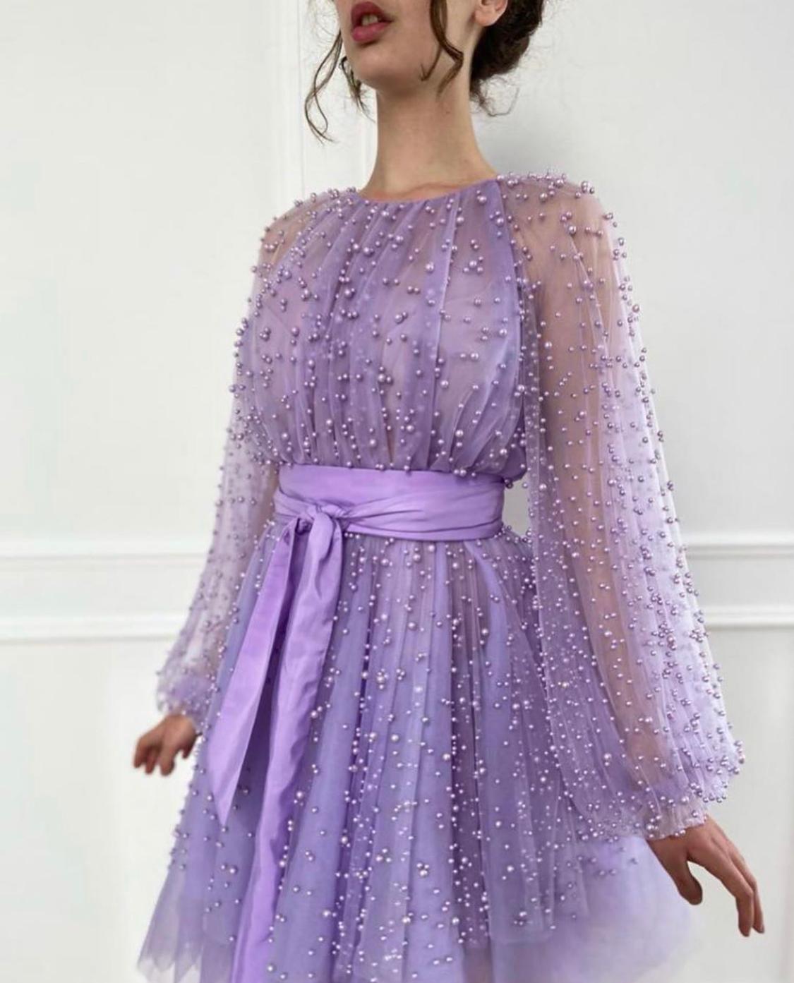 Purple A-Line dress with long sleeves and beading