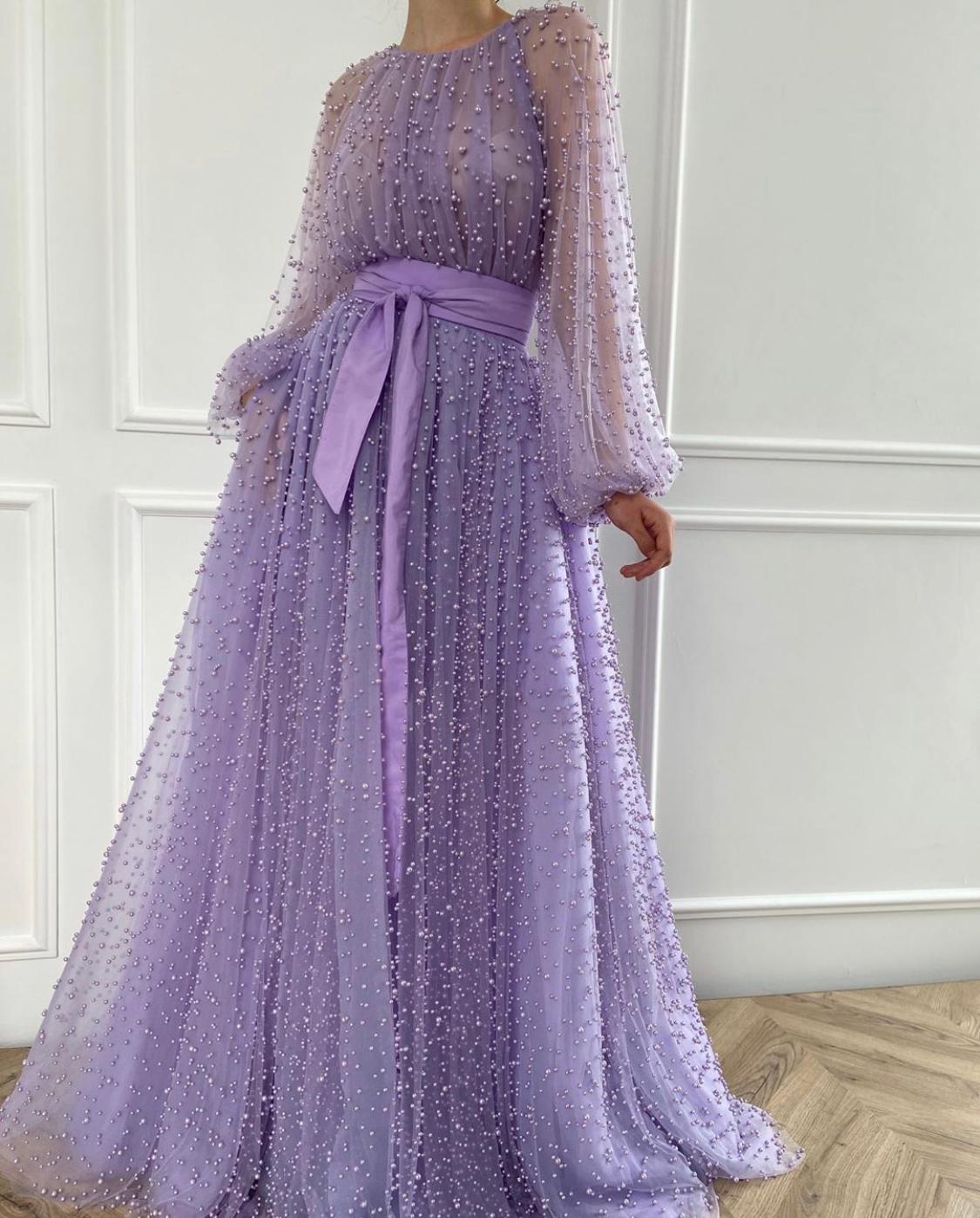 Purple A-Line dress with long sleeves and beading