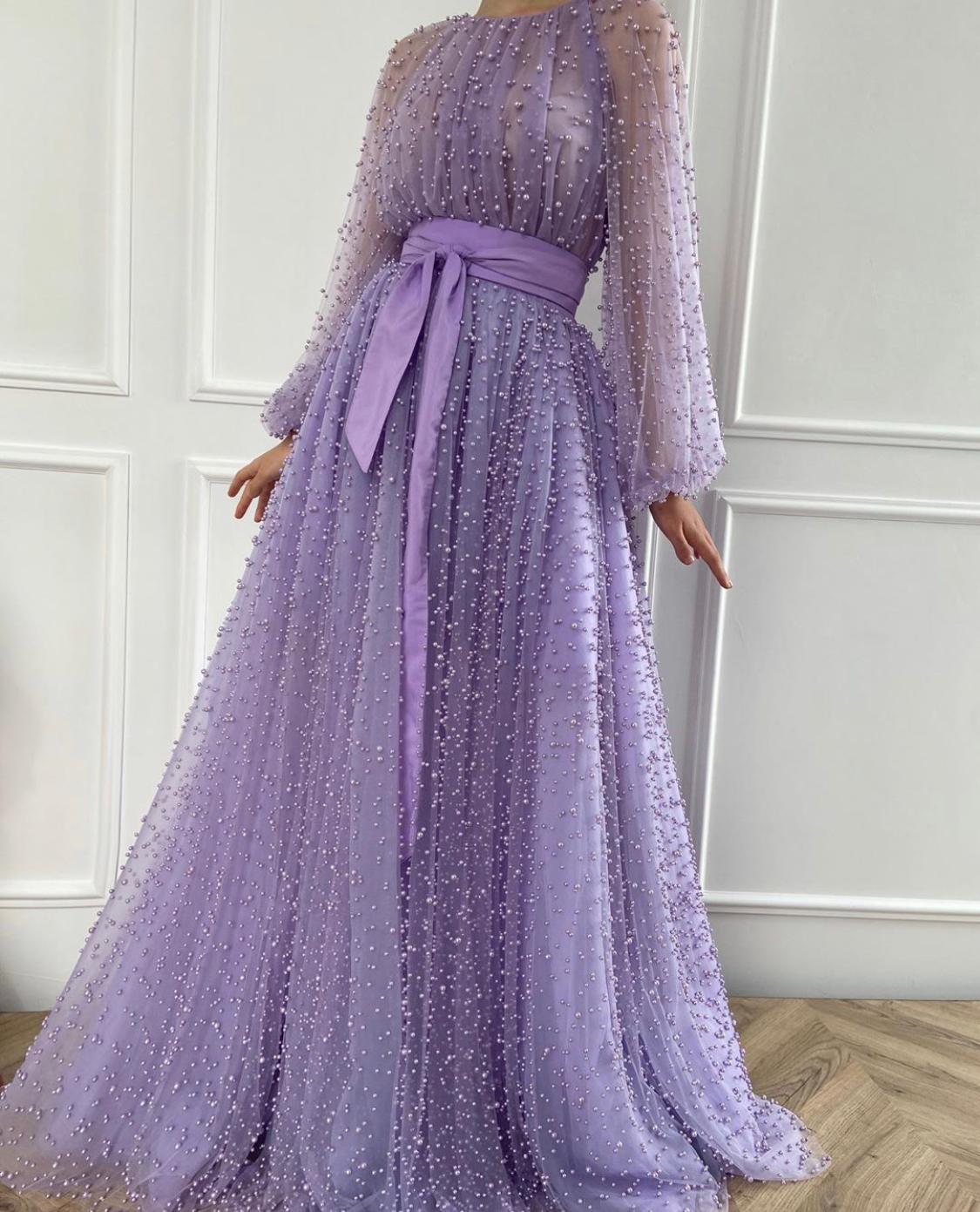 Purple A-Line dress with long sleeves and beading