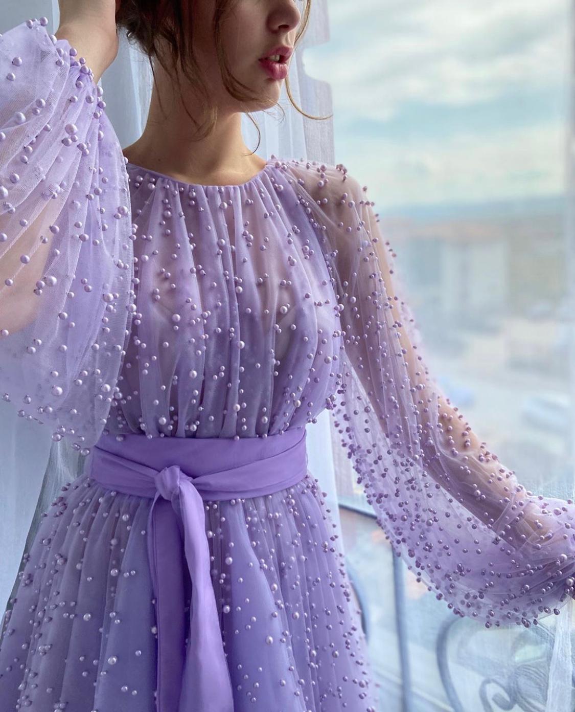 Purple A-Line dress with long sleeves and beading