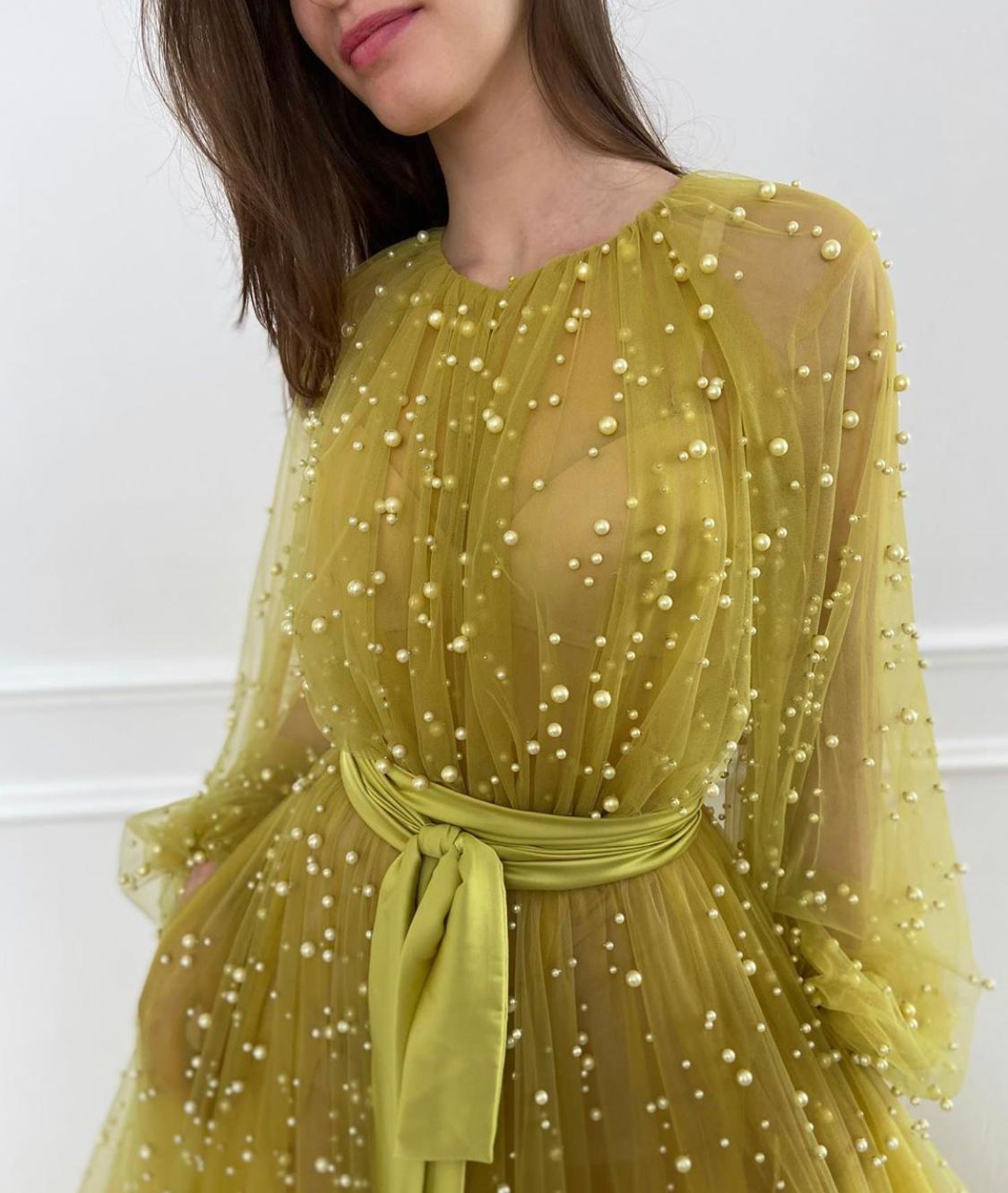 Yellow A-Line dress with beading and long sleeves