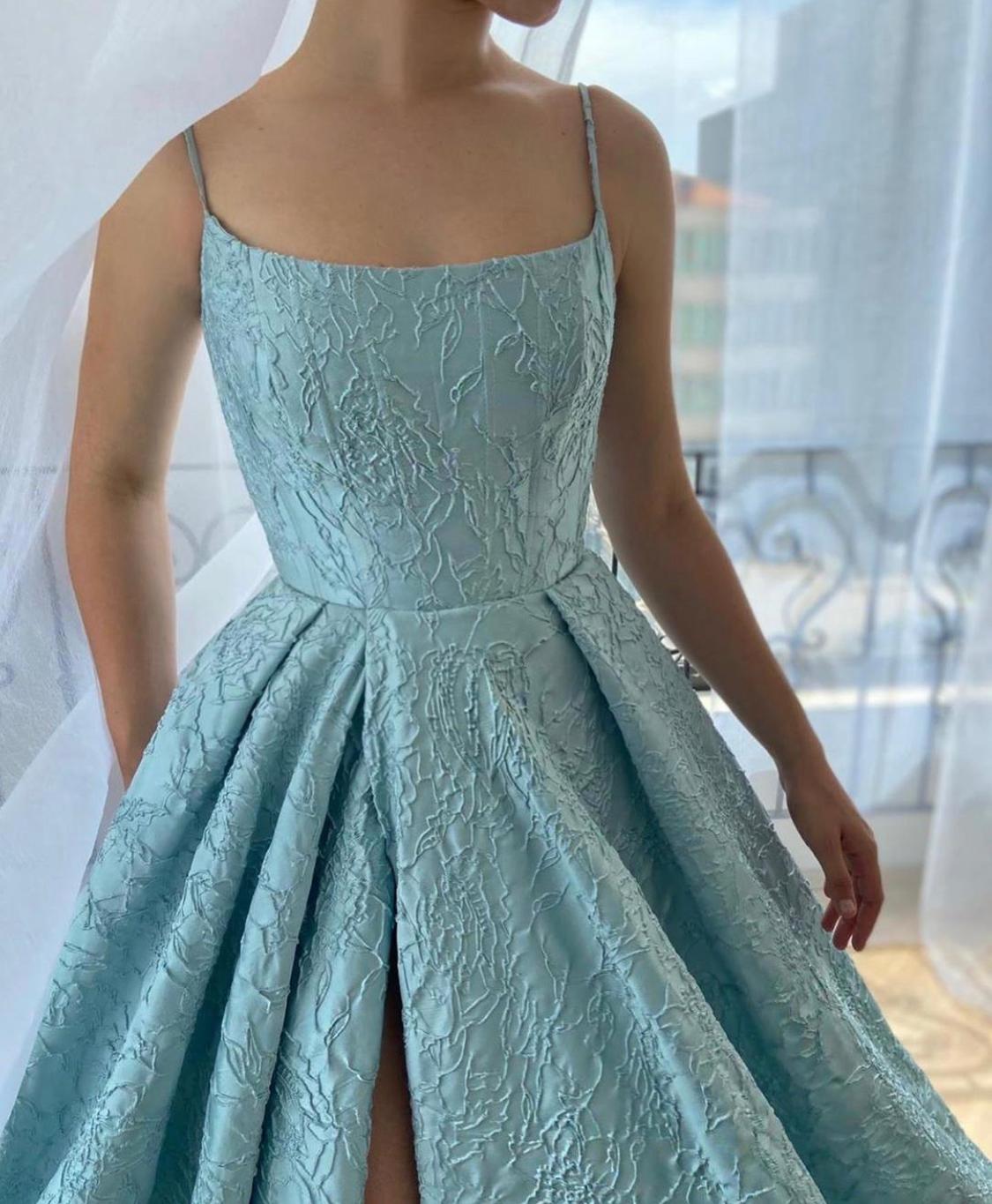 Blue A-Line dress with spaghetti straps 