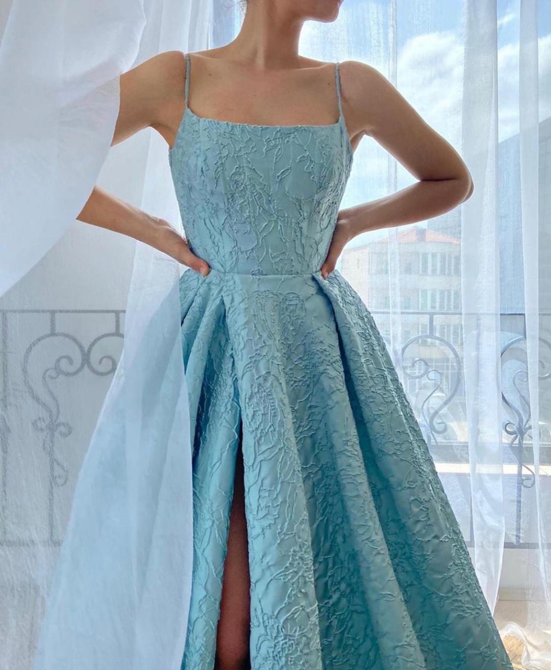 Blue A-Line dress with spaghetti straps 