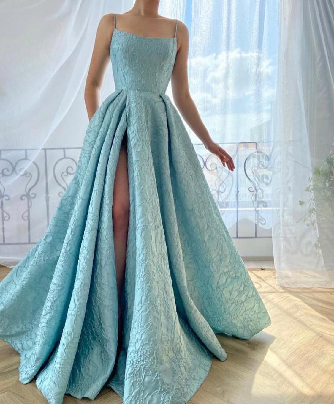 Blue A-Line dress with spaghetti straps 