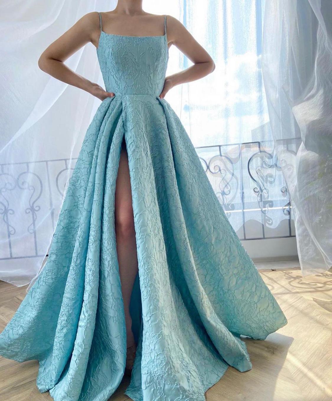 Blue A-Line dress with spaghetti straps 