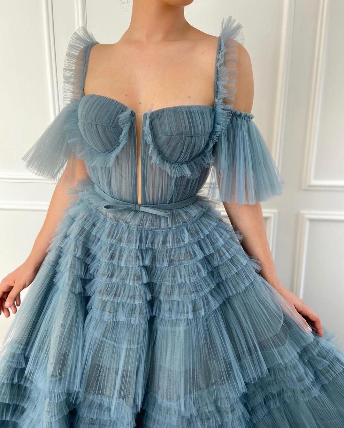 Blue A-Line dress with straps, off the shoulder sleeves and ruffles