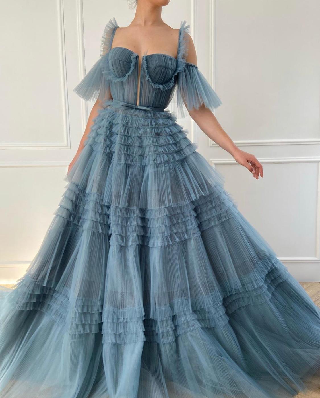 Blue A-Line dress with straps, off the shoulder sleeves and ruffles