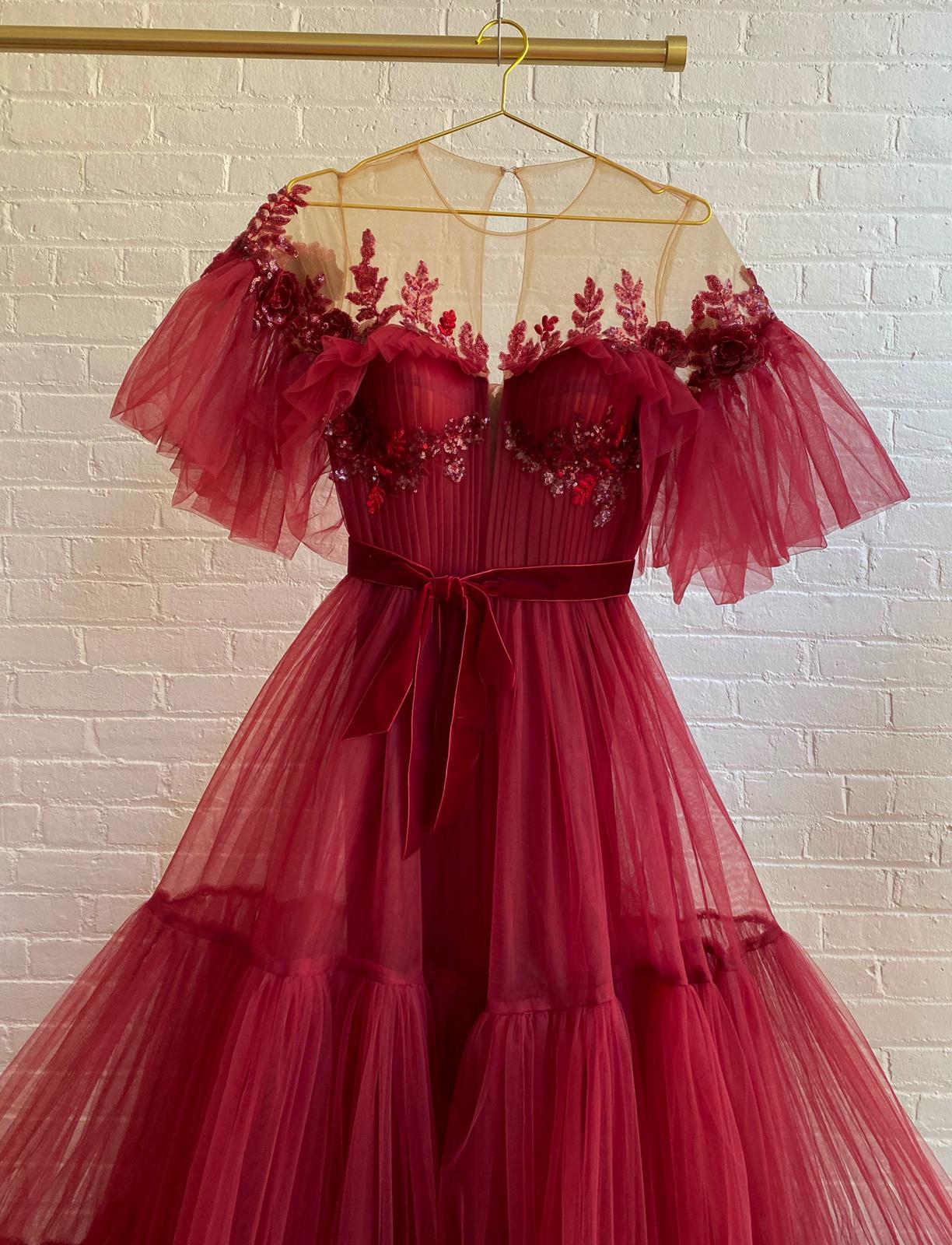 Red A-Line dress with off the shoulder sleeves and embroidery