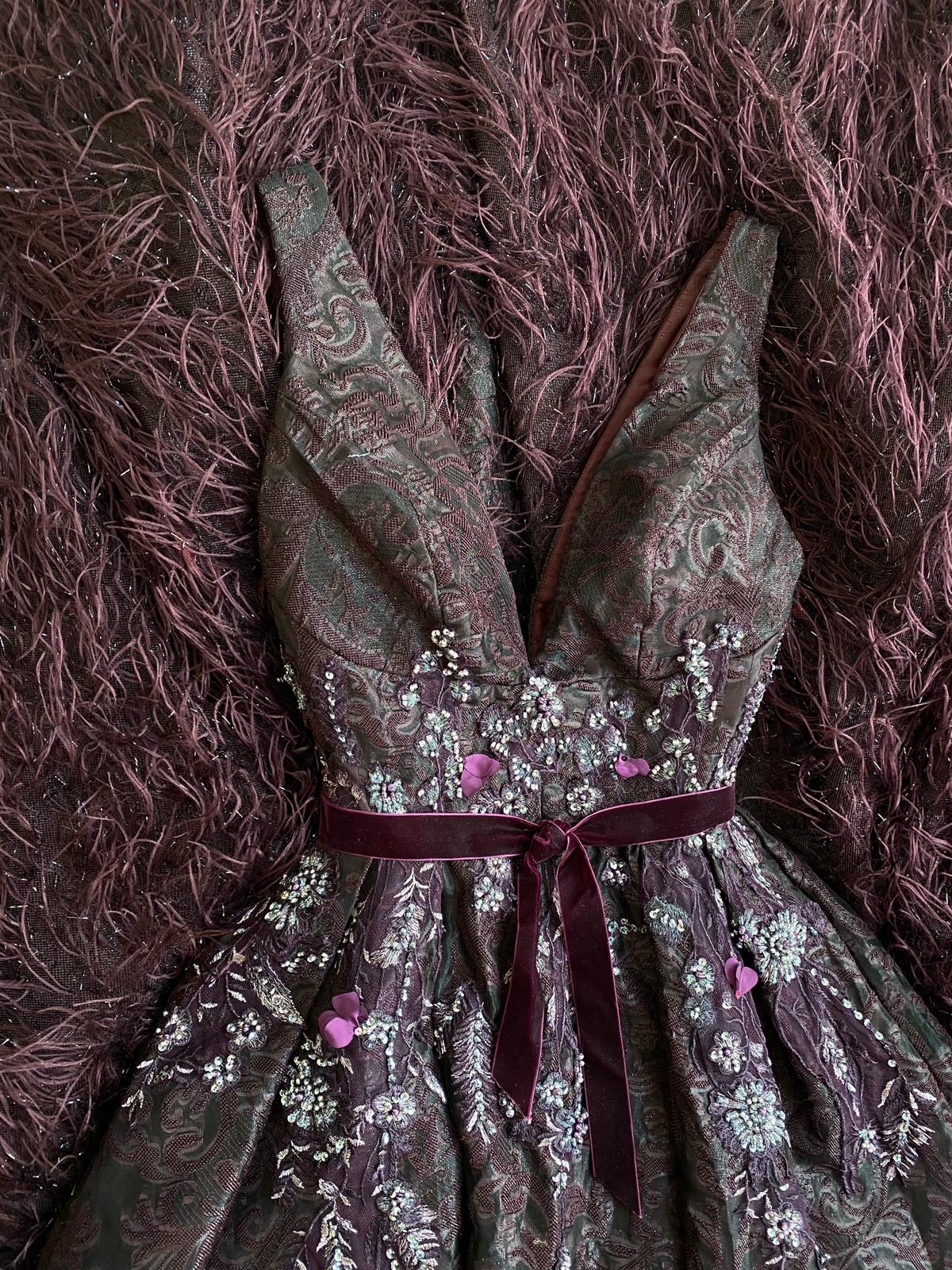 Purple A-Line dress with no sleeves, v-neck and embroidery