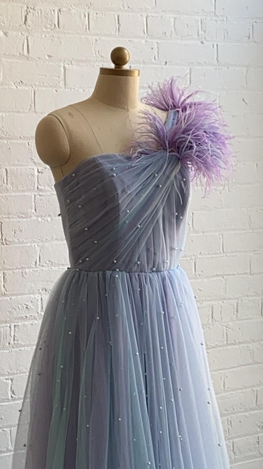 Purple A-Line dress with feathers and one shoulder sleeve