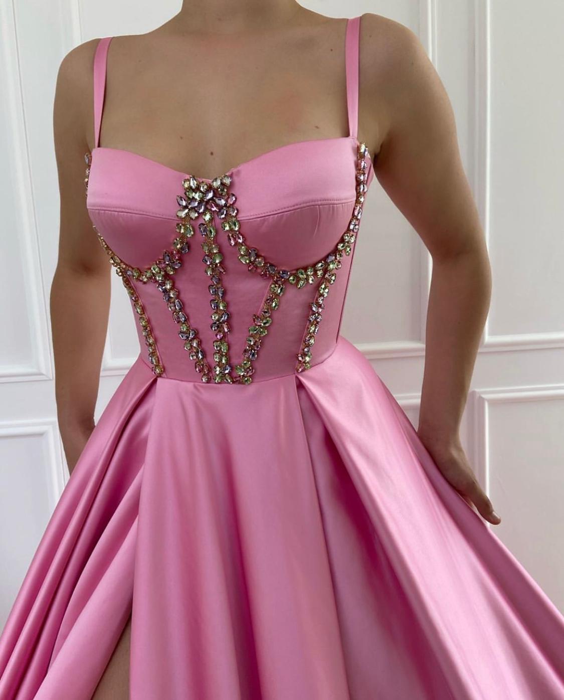 Pink A-Line dress with spaghetti straps and embroidery