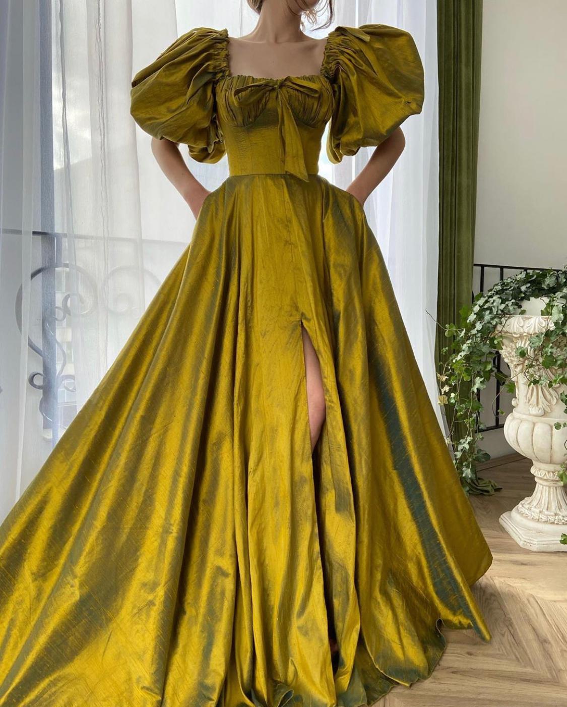 Yellow A-Line dress with off the shoulder sleeves