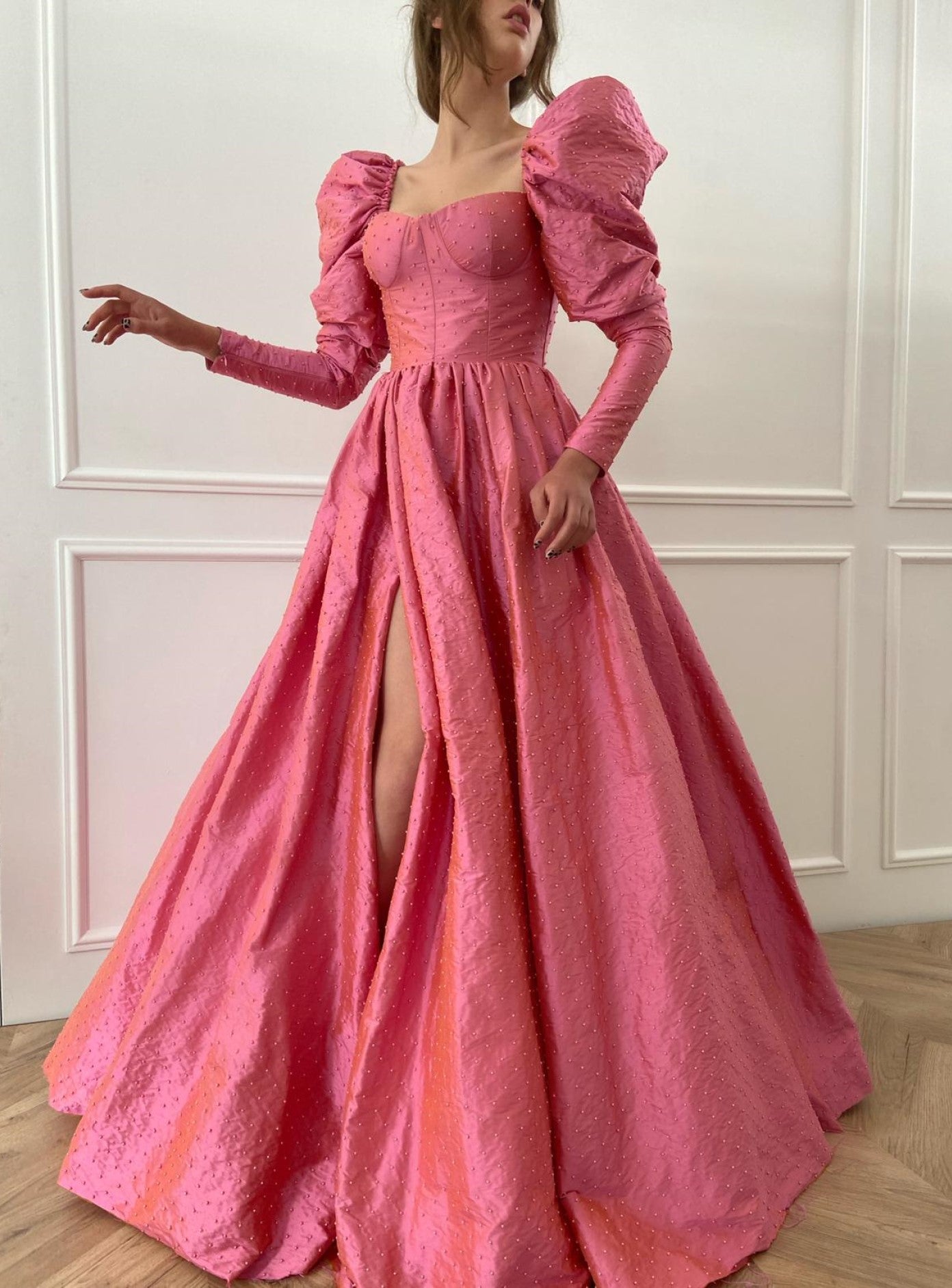 Pink A-Line dress with beading and long sleeves