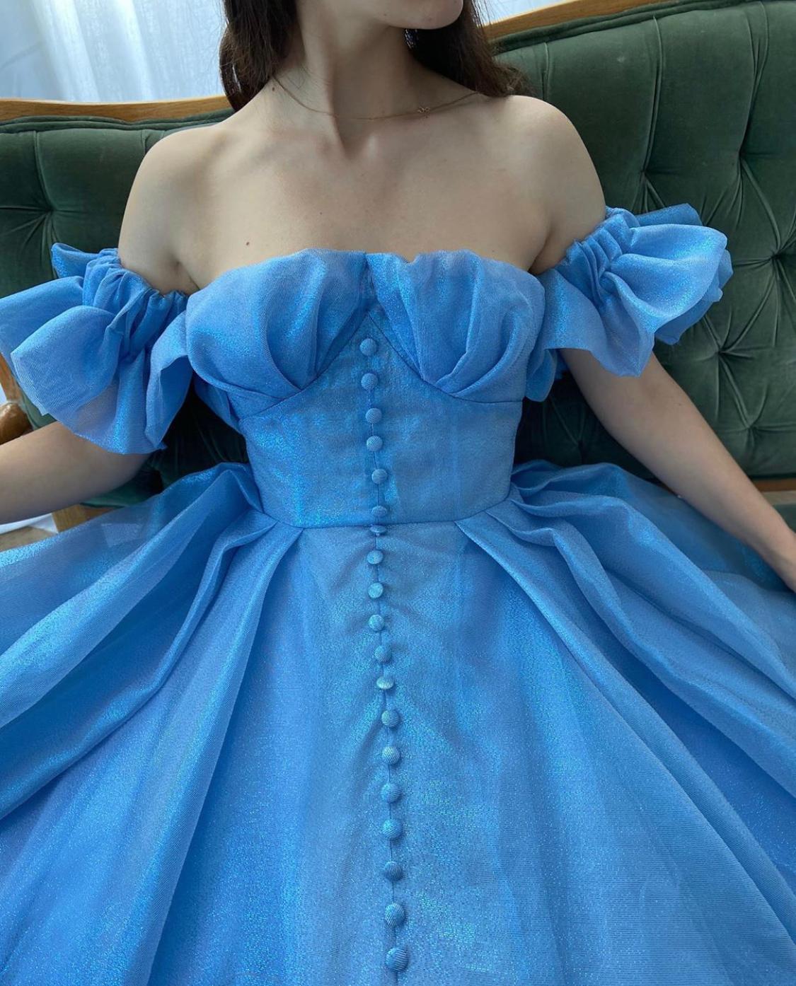 Blue A-Line dress with off the shoulder sleeves