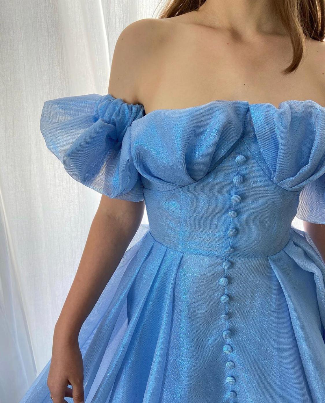 Blue A-Line dress with off the shoulder sleeves