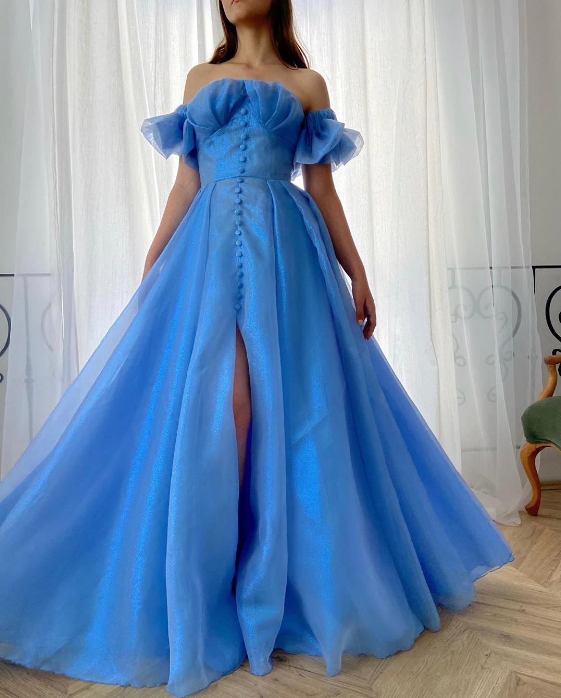 Blue A-Line dress with off the shoulder sleeves