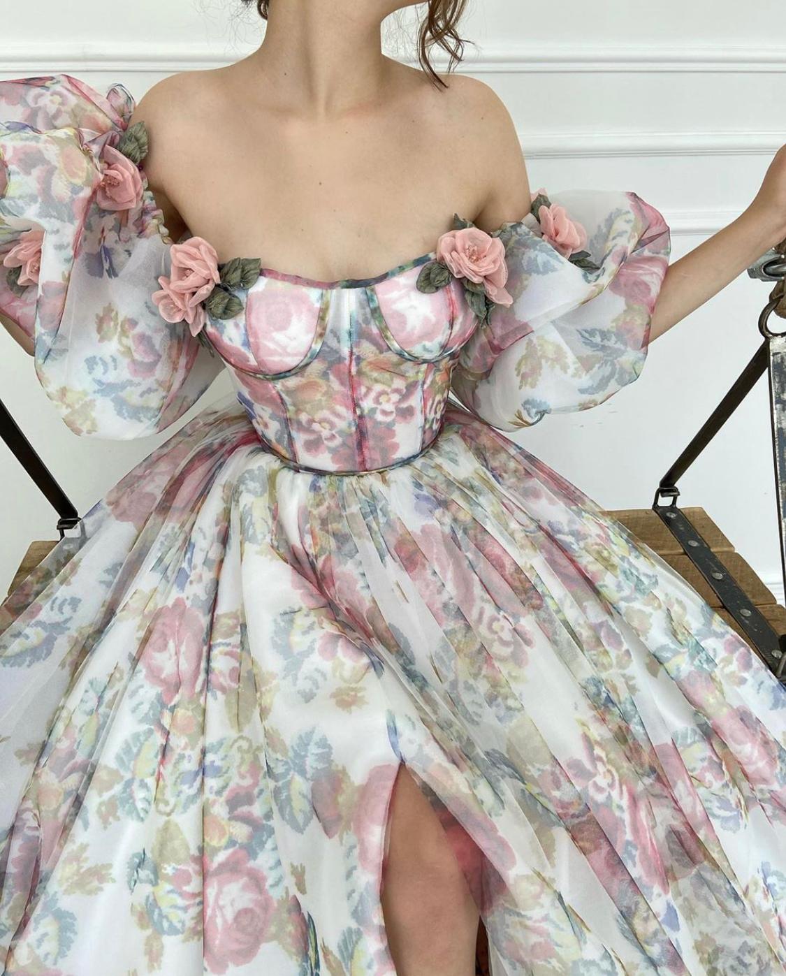 White A-Line dress with embroidery and off the shoulder sleeves