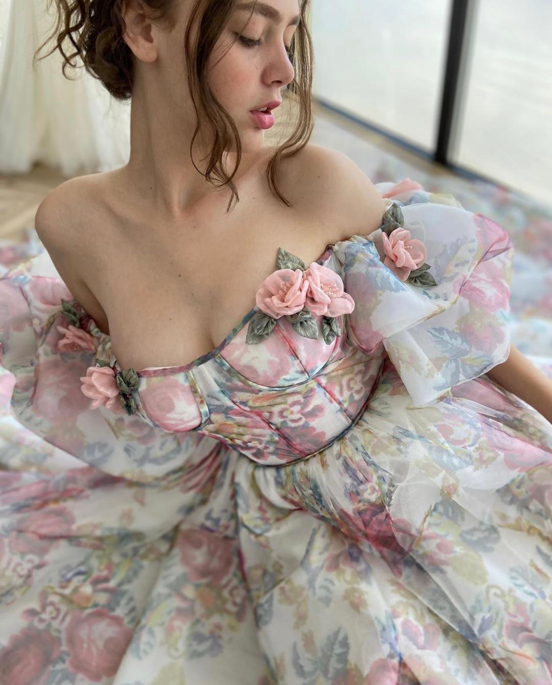 White A-Line dress with embroidery and off the shoulder sleeves
