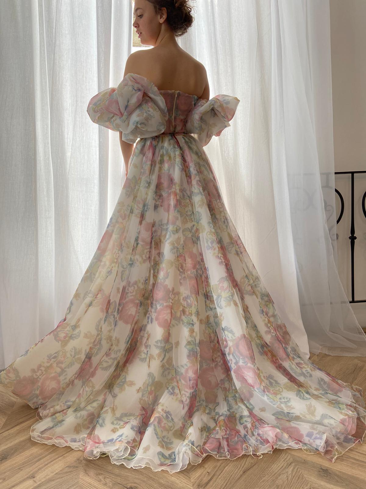 White A-Line dress with embroidery and off the shoulder sleeves