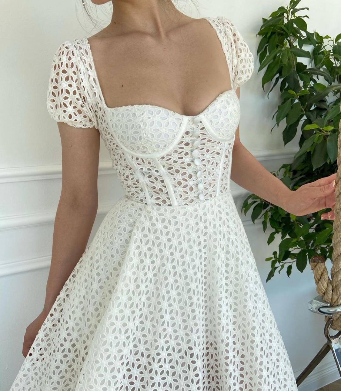 A Line white bridal dress with short sleeves