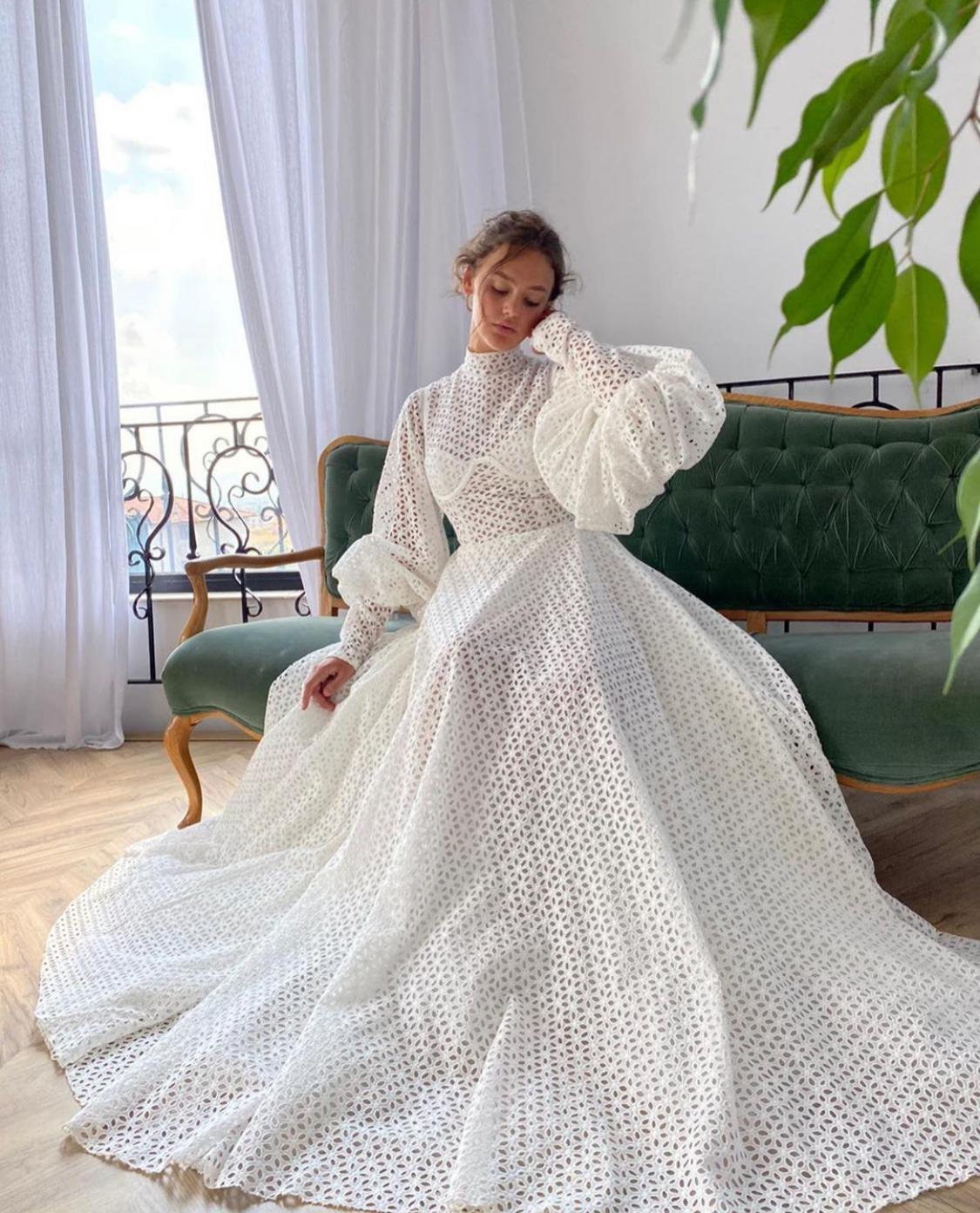 A Line white bridal dress with long sleeves