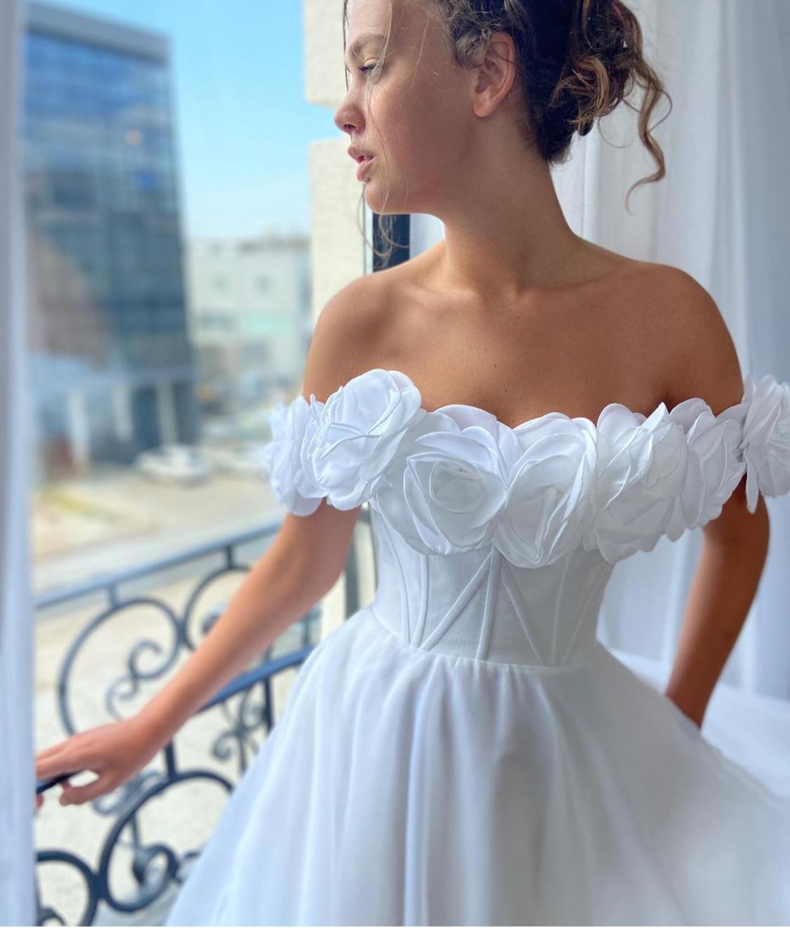 A Line white bridal dress with embroidered flowers and off shoulder sleeves