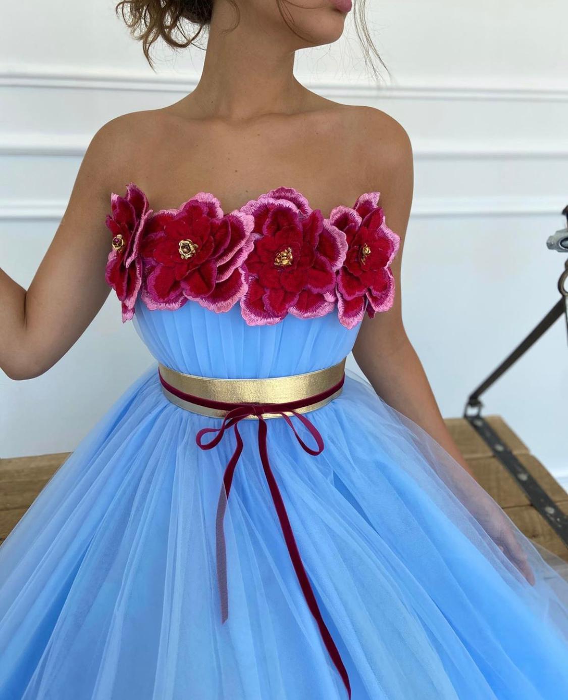 Blue A-Line dress with no sleeves and embroidery