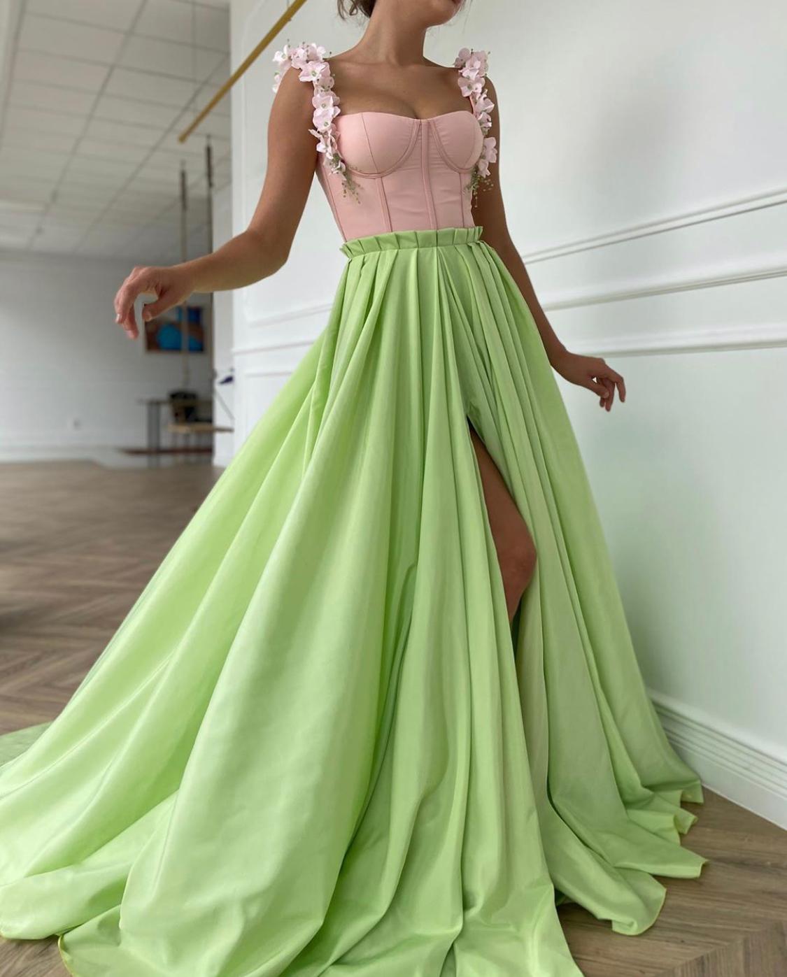 Green A-Line dress with spaghetti straps and embroidery