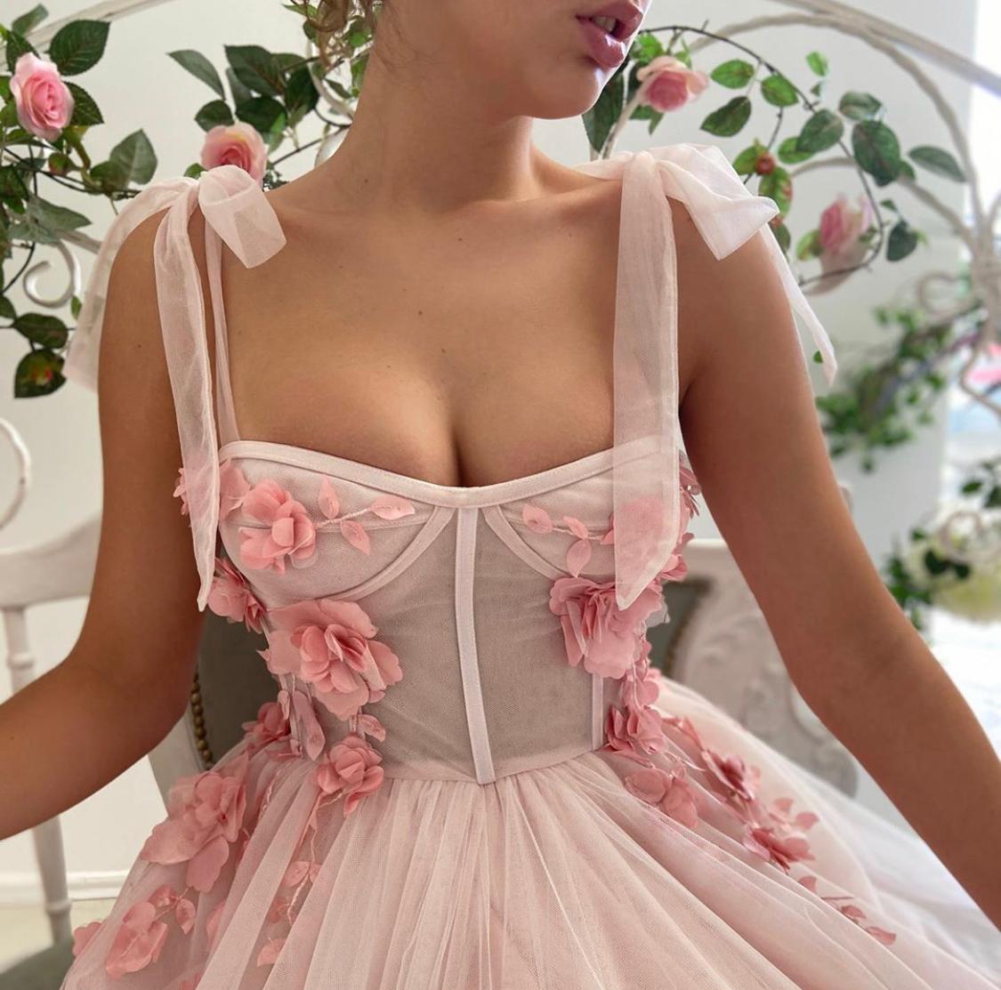 Pink A-Line dress with bow straps and embroidery