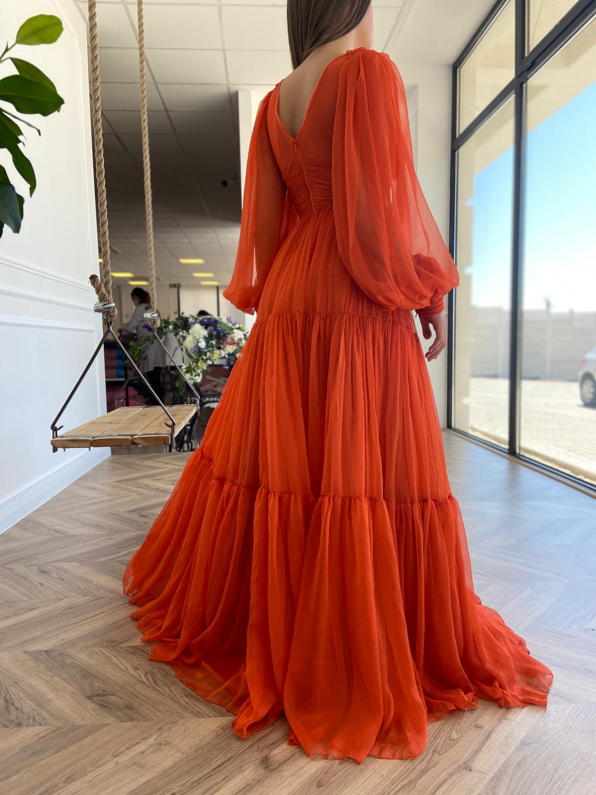 Orange A-Line dress with v-neck and long sleeves